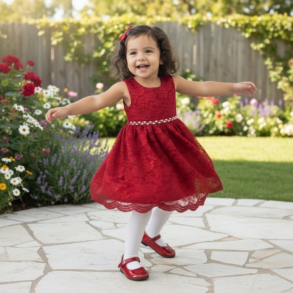 Blueberi Boulevard Other - Blueberi Boulevard Lace Dress, Red, Bow, Empire Waist. Sequin embellished, NWT